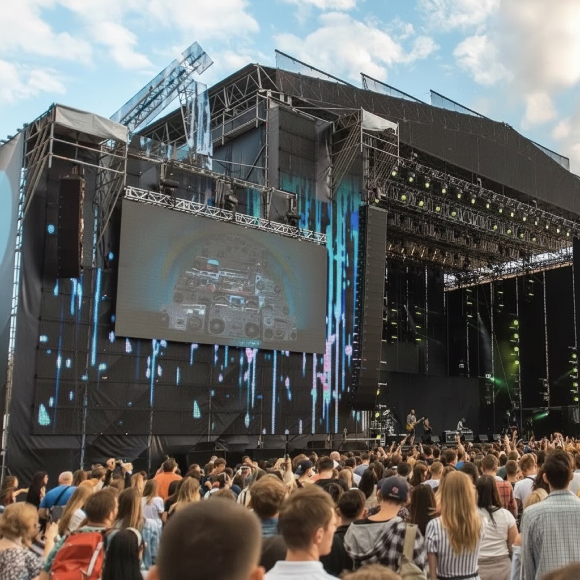 Wielka scena festiwalowa z line array i telebimami LED